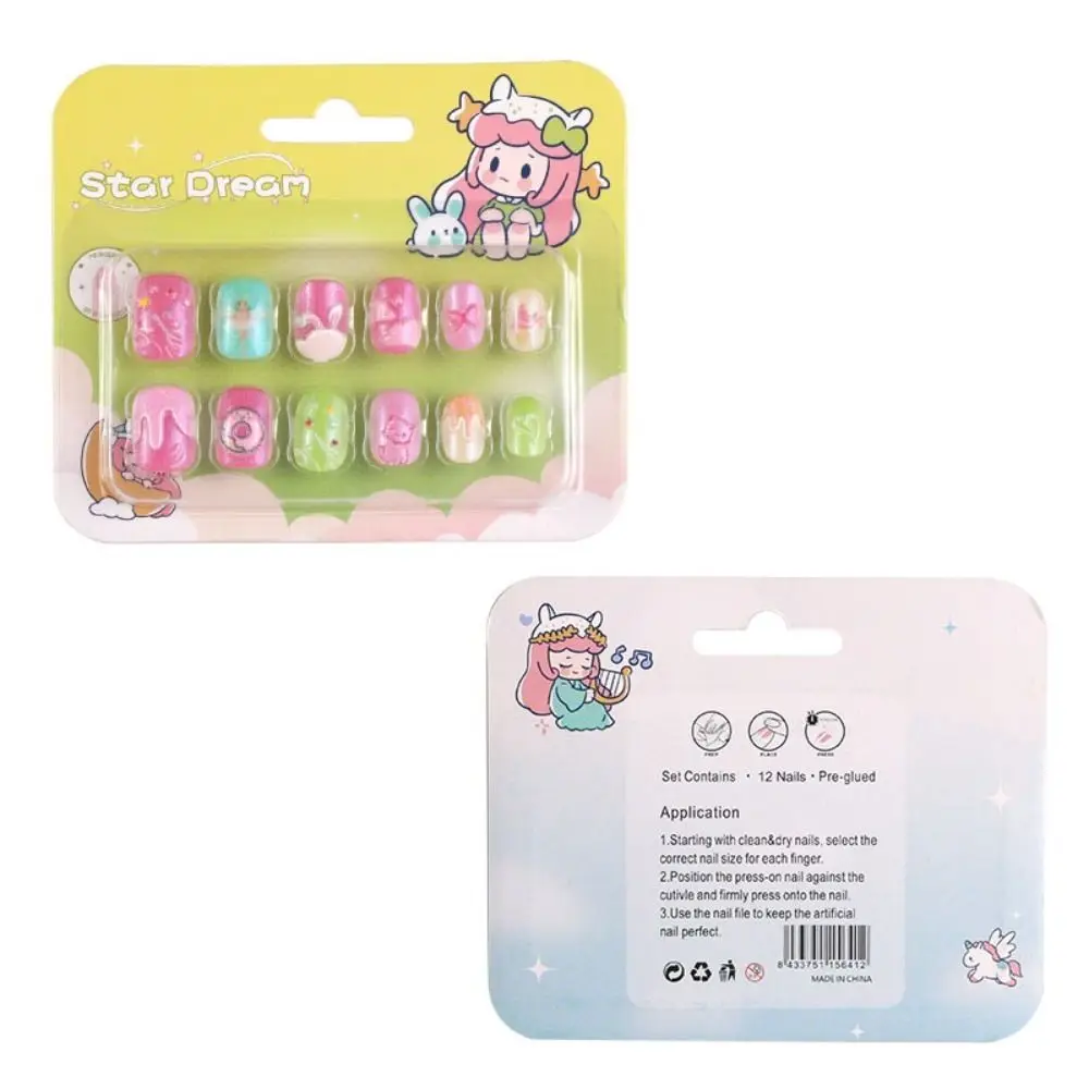 Fashion Short Children Nail Patches Cute Cartoon False Nails Square Full Cover Fake Nails for DIY