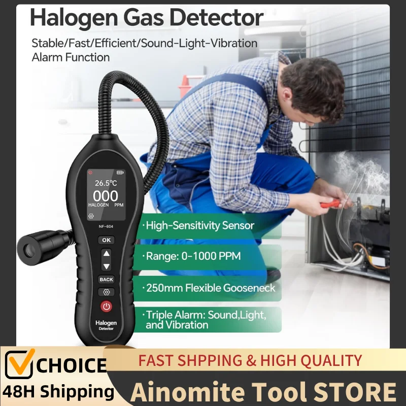 

Halogen Gas Leak Detector 0-1000ppm Refrigerant Detection, 10.5-Inch Gooseneck, Vibration & Visual Alerts for AC & Industry