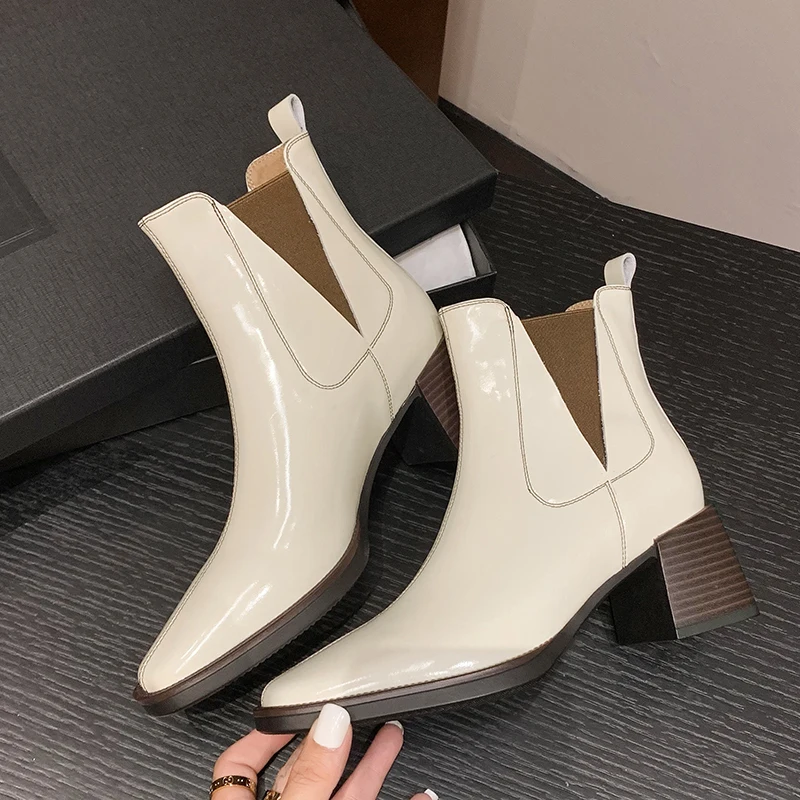 JOZHAMTA Size 34-39 Women Chelsea Boots Genuine Leather Thick High Heels Shoes Fall Winter Short Booties 2025 Ins Elastic Band