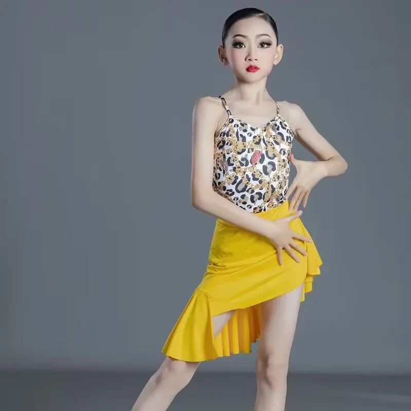 2024 New Kids Latin Dance Dress for Competition Girls Leopard Cha-cha Tanggo Ballroom Dancing Dresses Sexy Salsa Dancewear