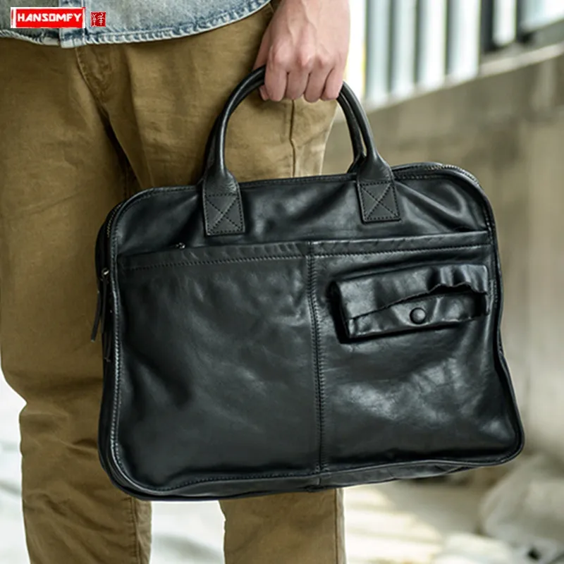 

Leather Men's Briefcase Men Cross Section Casual Handbags Computer Bag High-end Retro Soft Black Leather Portable Business Bags