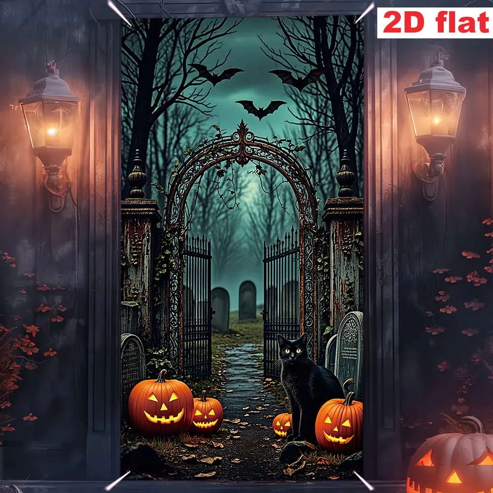 2D-Flachbanner aus Polyester, mit klassischen Halloween-Dekorationen im dunklen Stil und einer großen Designfläche.
