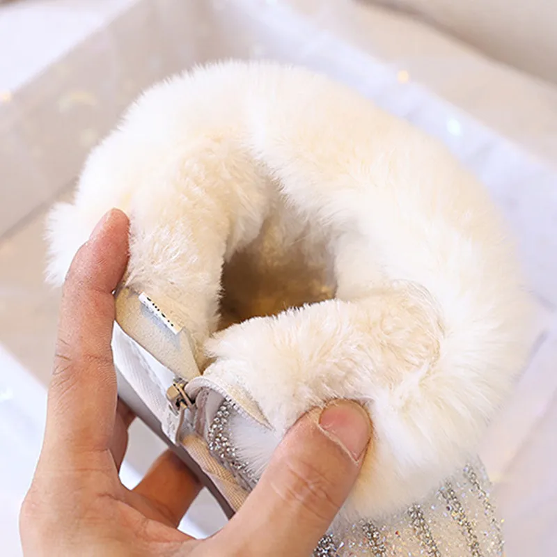 2025 Winter Children Snow Boots For Girls Leather Bling Bling Warm Plush Princess Shoes Non-slip Fashion Cotton Shoes EU21-30