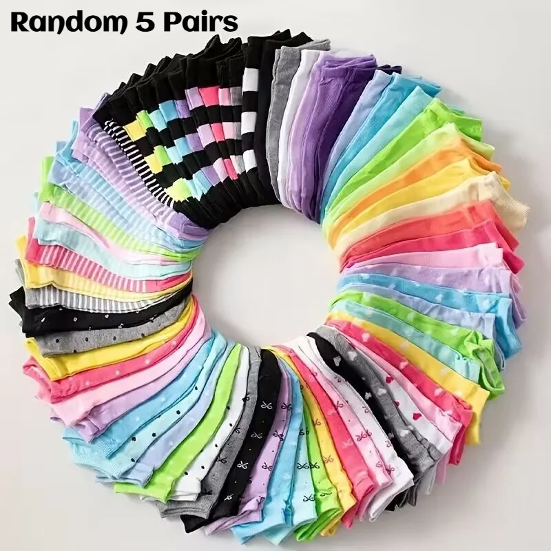 Random 5 Pairs Candy Color Cartoon Spring Summer Womens Sweat Absorbent Short Socks Korean Style Summer Casual Socks For Women