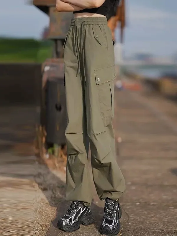 American Style Straight Leg Work Pants Women's Summer New Elastic High Waist Thin Loose Casual Sports Cuffed Trousers