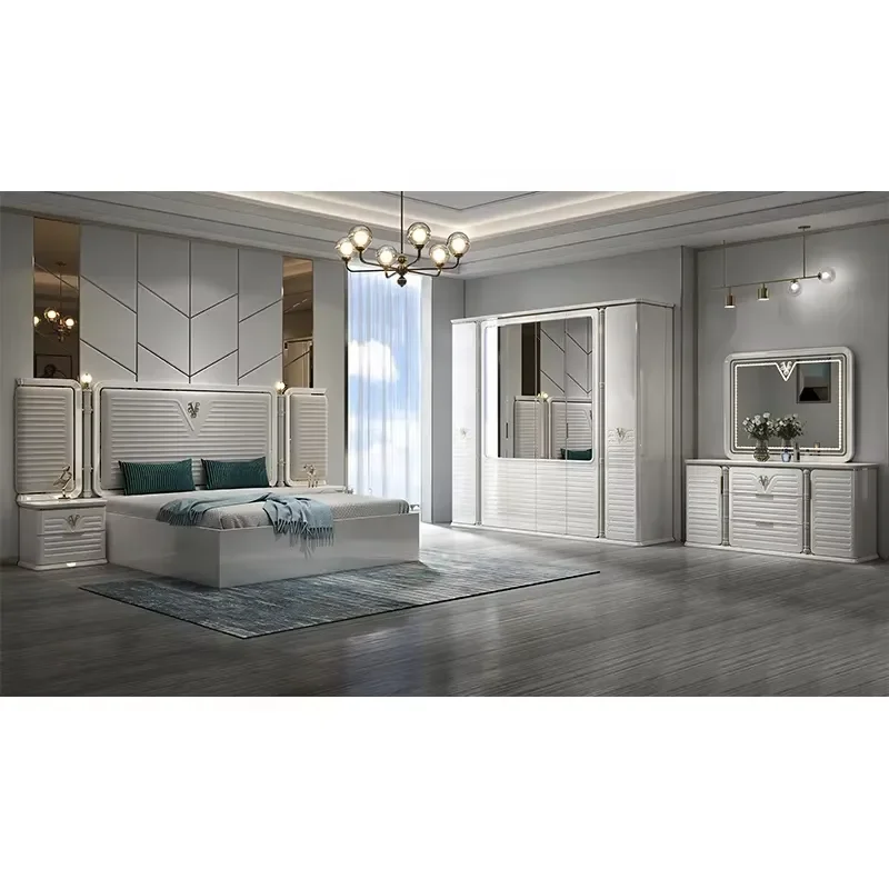 Modern 5 Piece Bedroom Furniture Set Solid Wood Frame Double King Size Bed Deluxe Contemporary Home Decor