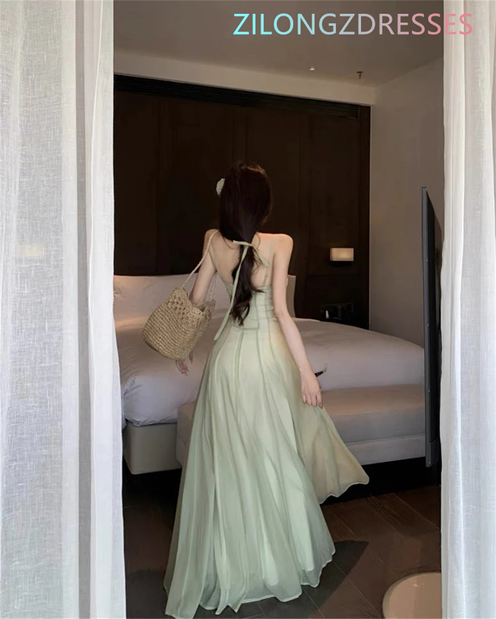 Customized   See Through  Green Chiffon Evening Dress Classic Strapless Spaghetti Straps Homecoming Dresses Vestido De image 5