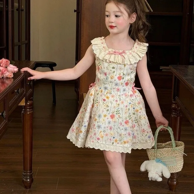 Girls Sleeveless Floral Dress Cotton Lace Princess Style Summer Children's Countryside Theme Sweet Dress for Girls 2026