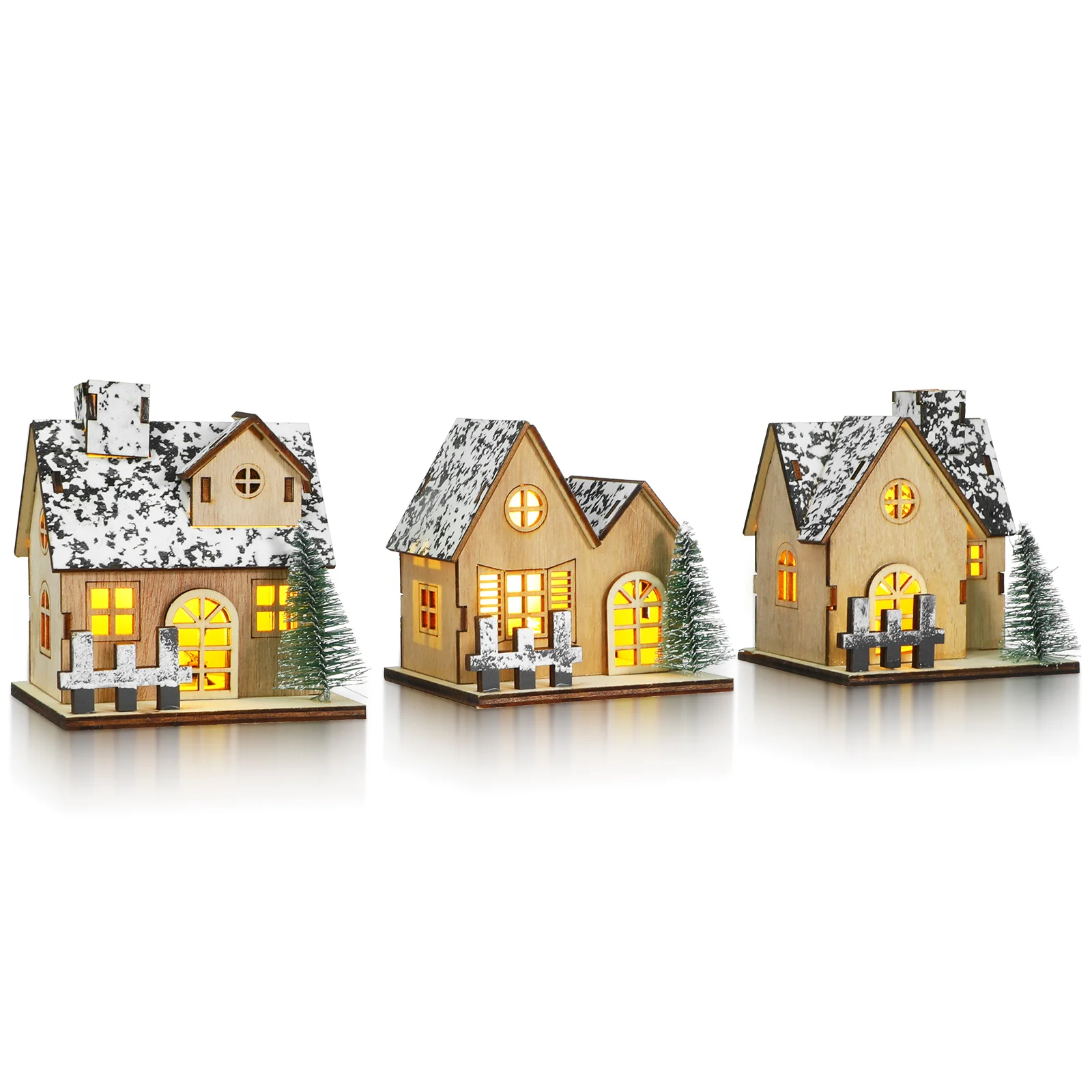 

3Pcs Miniature Wooden Christmas Houses - Lighted Rustic Cabins for Holiday Village Display Home Decor Centerpiece Setup