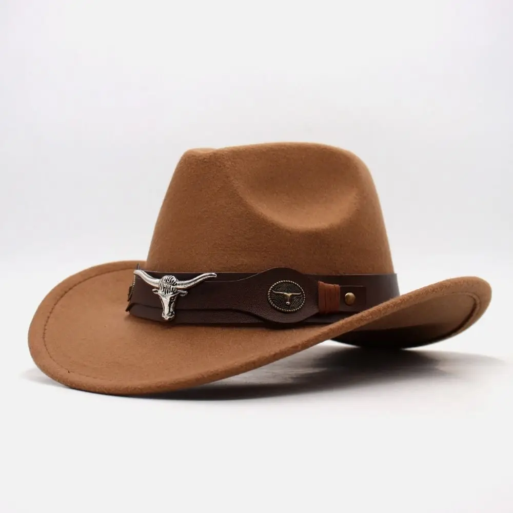 Cool Woolen Western Cowboy Hat Big-edge Solid Color Cowgirl Jazz Hat Wide Brim Party Cosplay Hat Sun Protection