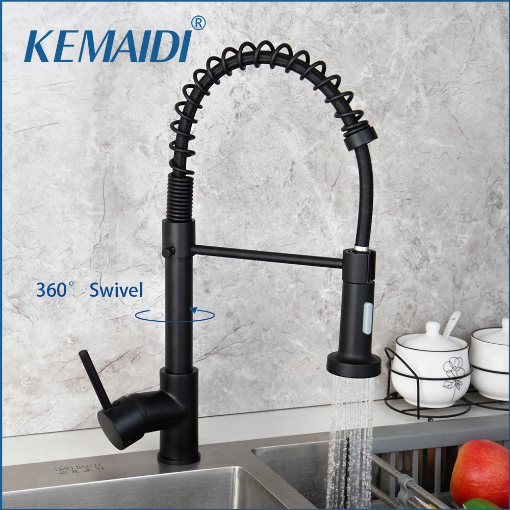 

KEMAIDI Kitchen Faucet with Pull Down Sprayer Spring Single Handle Brass Black Kitchen Sink Faucet Cold Hot Water Commercial Tap
