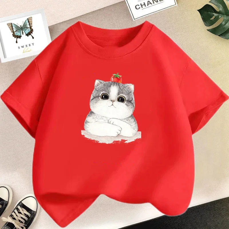 New summer fashion cotton T-shirt Fun and cute cat cartoon kitten print short sleeve top Kids summer clothing girls clothing