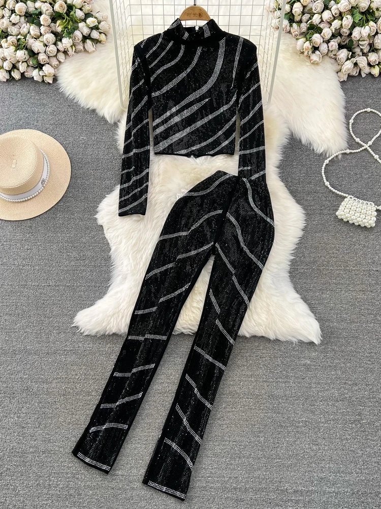 Spring Autumn Women Diamonds Striped Two Piece Set Gold/Silver/Black Stand Collar Long Sleeve Short Tops + Pants Suit 2Pcs New