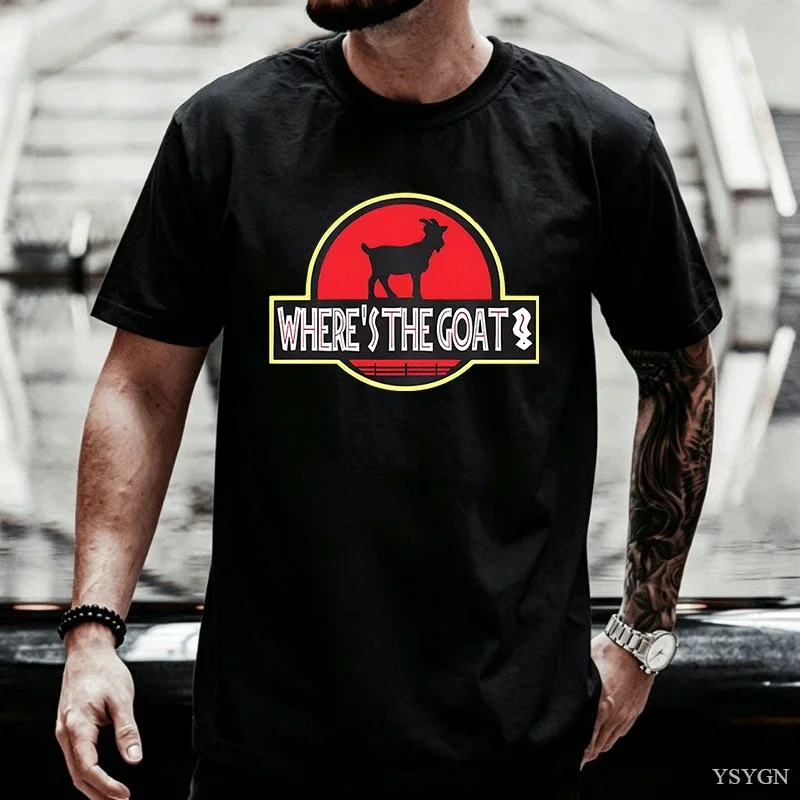 Where's The Goat Dinosaur T-Shirts Funny Humorous Cotton Short Sleeve T Shirts Round Neck Print Y2k Men's Clothing Streetwear