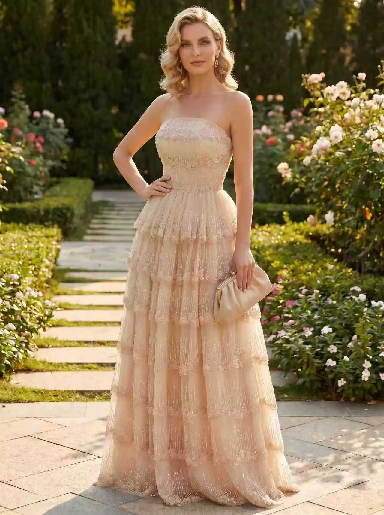 

Elegantly Custom-Made Champagne Strapless Sleeveless Floor-Length Ball Gown Formal Evening & Prom Dress Featuring Beaded Lace