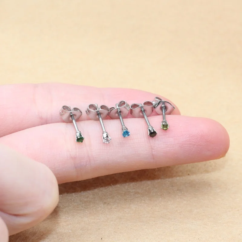 2PC Stainless Steel 2mm Colorful Green Crystal Zircons Stud Earrings For Men Women Delicate Fashion No Fade Allergy Free
