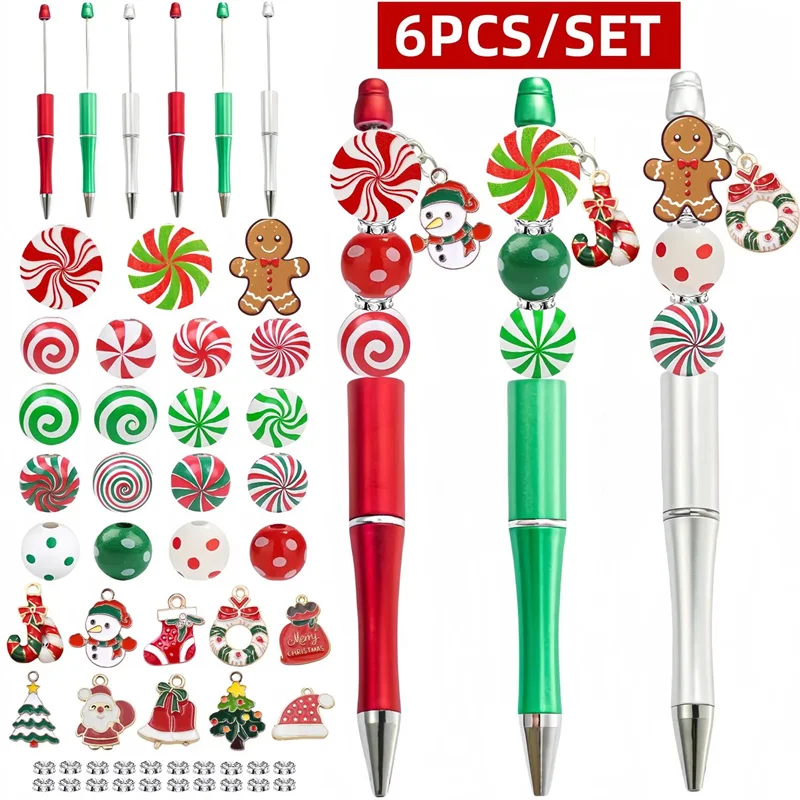 6/8/9PC Christmas Snowman DIY Jewelry Candy Gingerbread Beaded Ballpoint Pen Beads Ribbon Set Handcrafted Kit Holiday Xmas Gifts