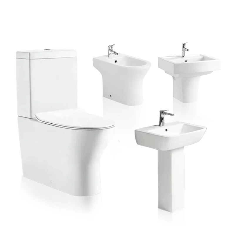 Ceramic bathroom sanitary ware set including toilet, bidet and base basin glass surface and high temperature firing