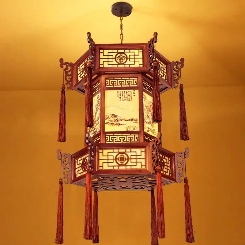 Chinese antique solid wood palace lamp teahouse corridor hall hot pot restaurant box eaves temple retro wood chandelier