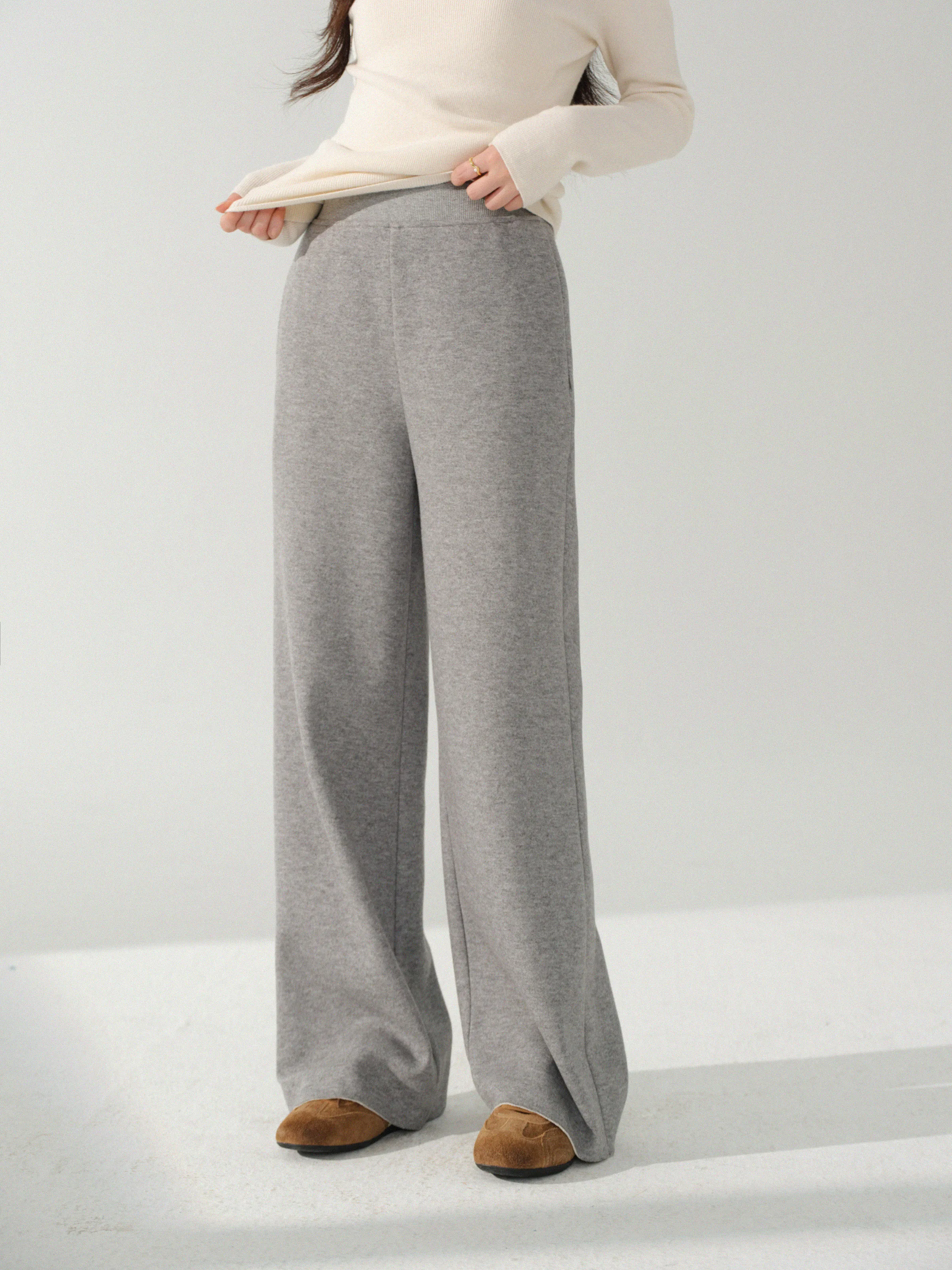Elastic Waist Straight Pants for Women Lady Loose Wide-Leg Long Trousers Petite Friendly Relaxed Fit Casual Daily Outfit Style