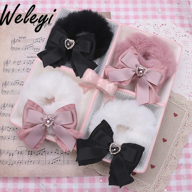 

Japanese Style Sweet Cute Love Rhinestone Bow Tie Kawaii Soft Girl Mine Woman Hairy Hair Band Hair Accessories Headwear 2024