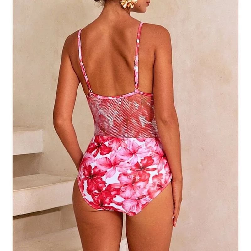 Traje de baño de una pieza para mujer, conjunto de Bikini con estampado Floral, falda de playa, traje de baño de poliéster, vestido Maxi