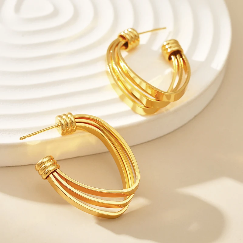 Three-layers Hollow C-shaped Women's Drop Earrings Gold Color Curved Metal Dangle Earrings Silver Color Geometry Ear Jewelry