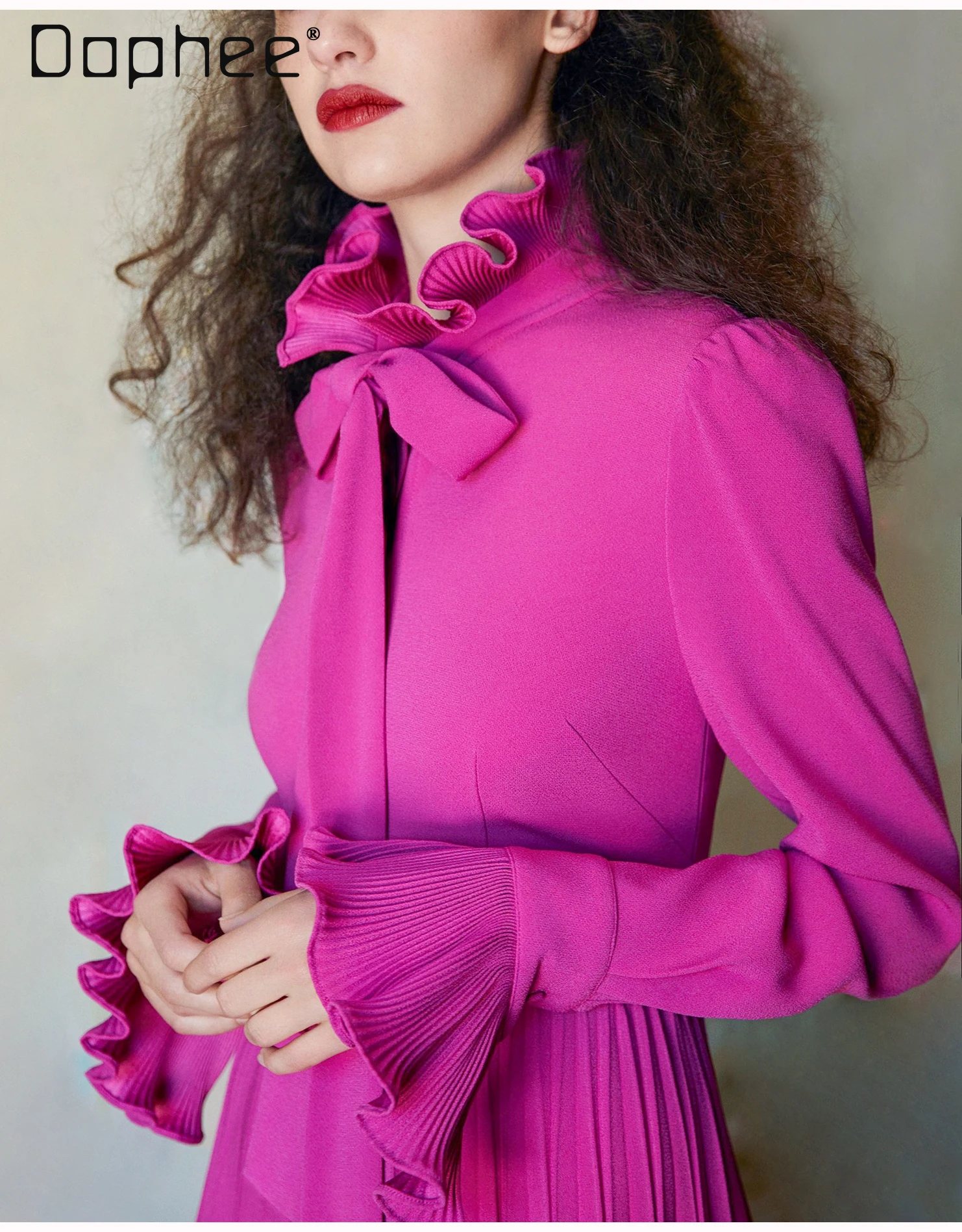 Vestido rojo rosa Vintage de gama alta para mujer, vestidos de noche elegantes con temperamento, vestido largo de manga larga con cuello redondo y volantes de lujo ligero