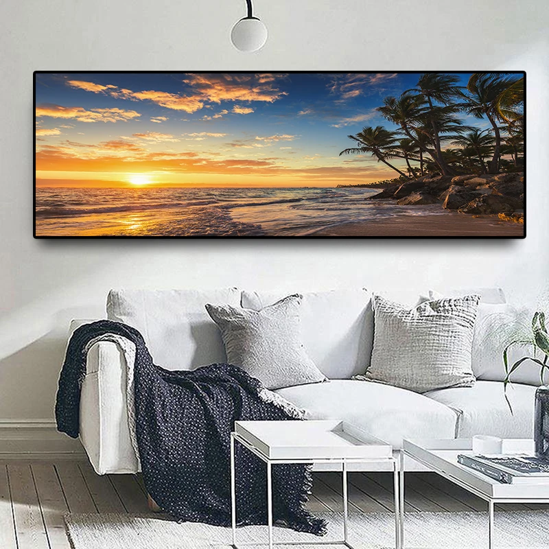 Sunset Natural Sea Beach Coconut Palm Panoramic Landscape Canvas Painting Posters and Prints Wall Art Pictures for Living Room