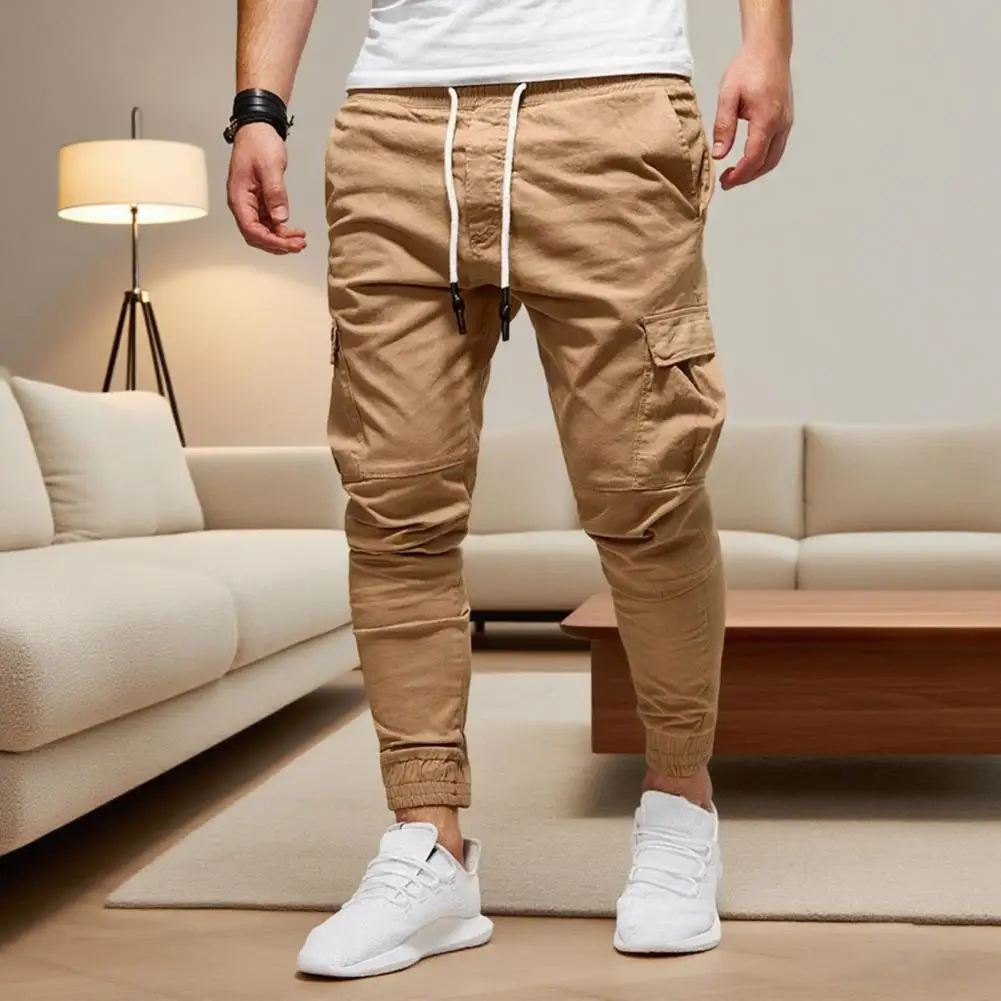 

Men Polyester Pants Men's Thick Cargo Pants with Drawstring Waist Multiple Pockets for Travel Work Wear Warm for Autumn for Men