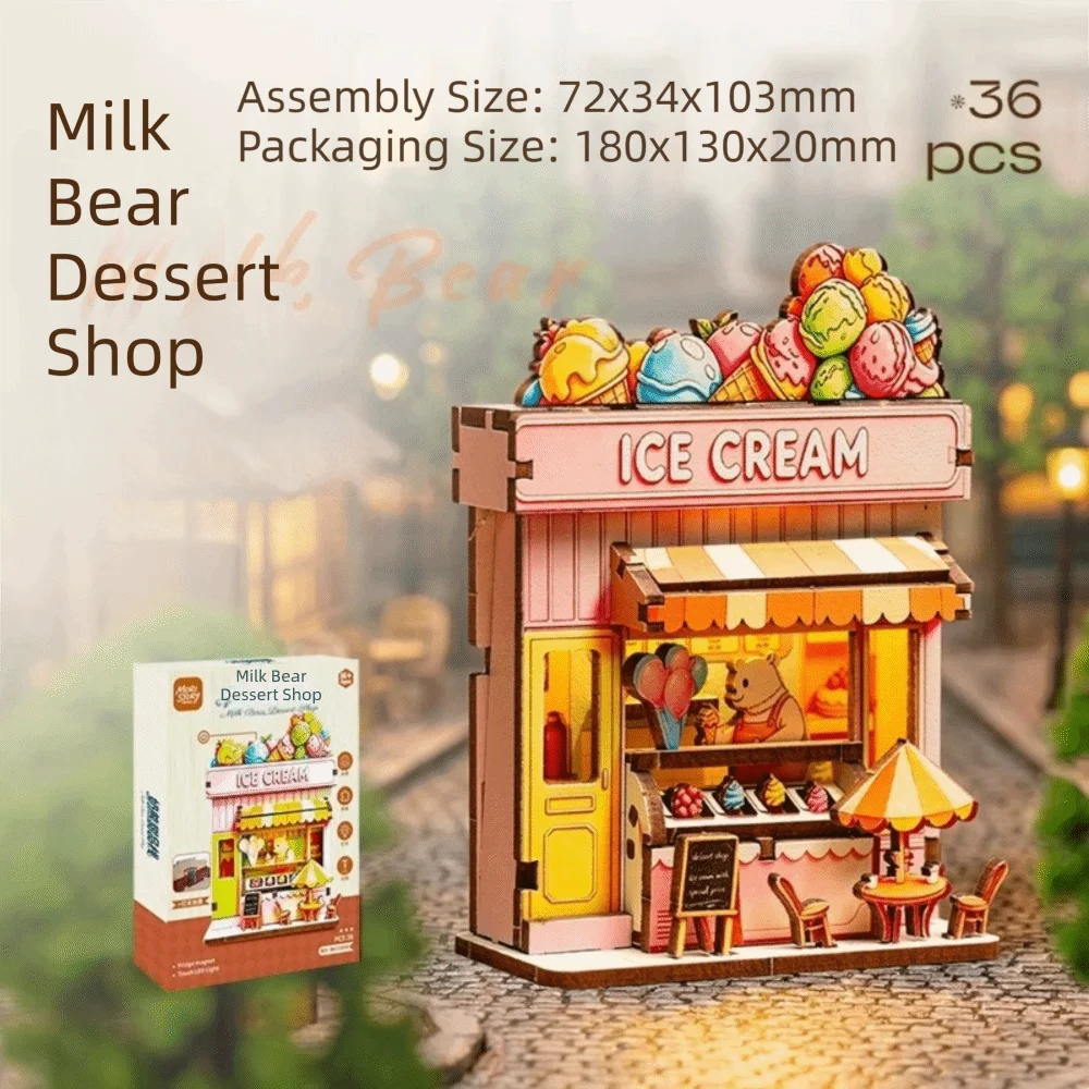 Animals Shop Wooden Fridge Magnet Handmade Miniature DIY House Puzzle Toy Assembly Model LED Light 3D Wooden Puzzle Kit
