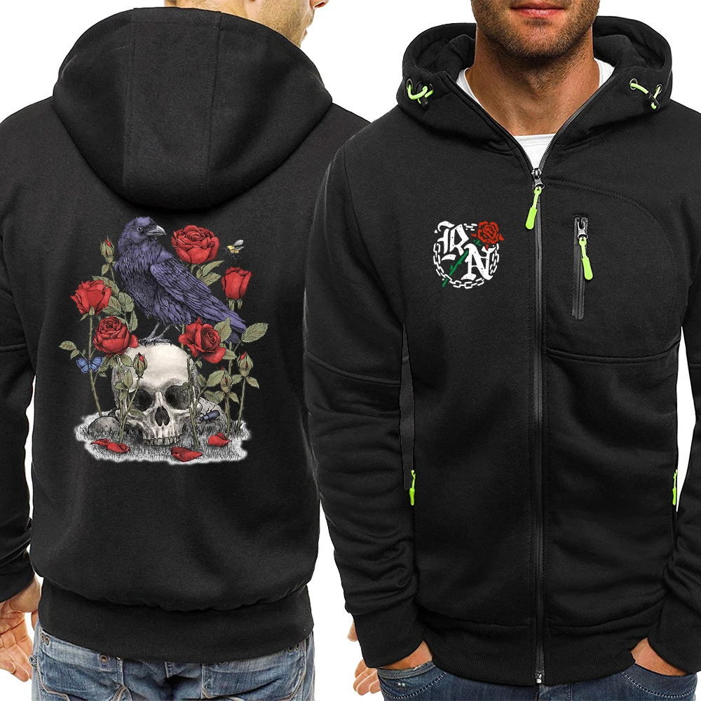 Art Nouveau Skull Rose Crow Butterfly Sweatshirt Men Funny Casual Wear Pocket Hoodies Winter Fleece Zip Up Clothes Zipper Hoody