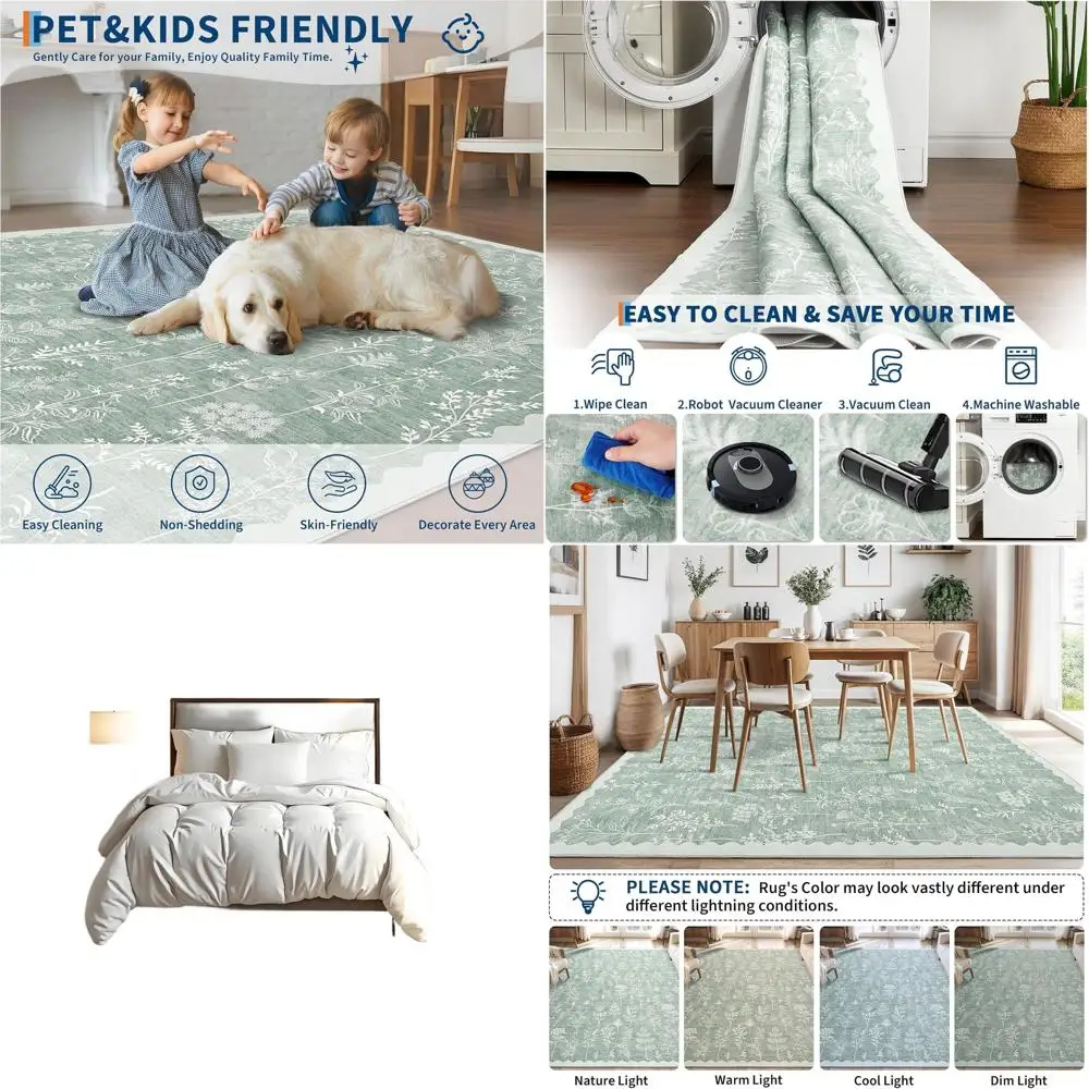 

Моющийся ковер 5x7 с цветочным принтом для гостиных, коврик для спальни с зубчатыми краями, нескользящий обеденный коврик, зеленый ботанический коврик для прихожей,