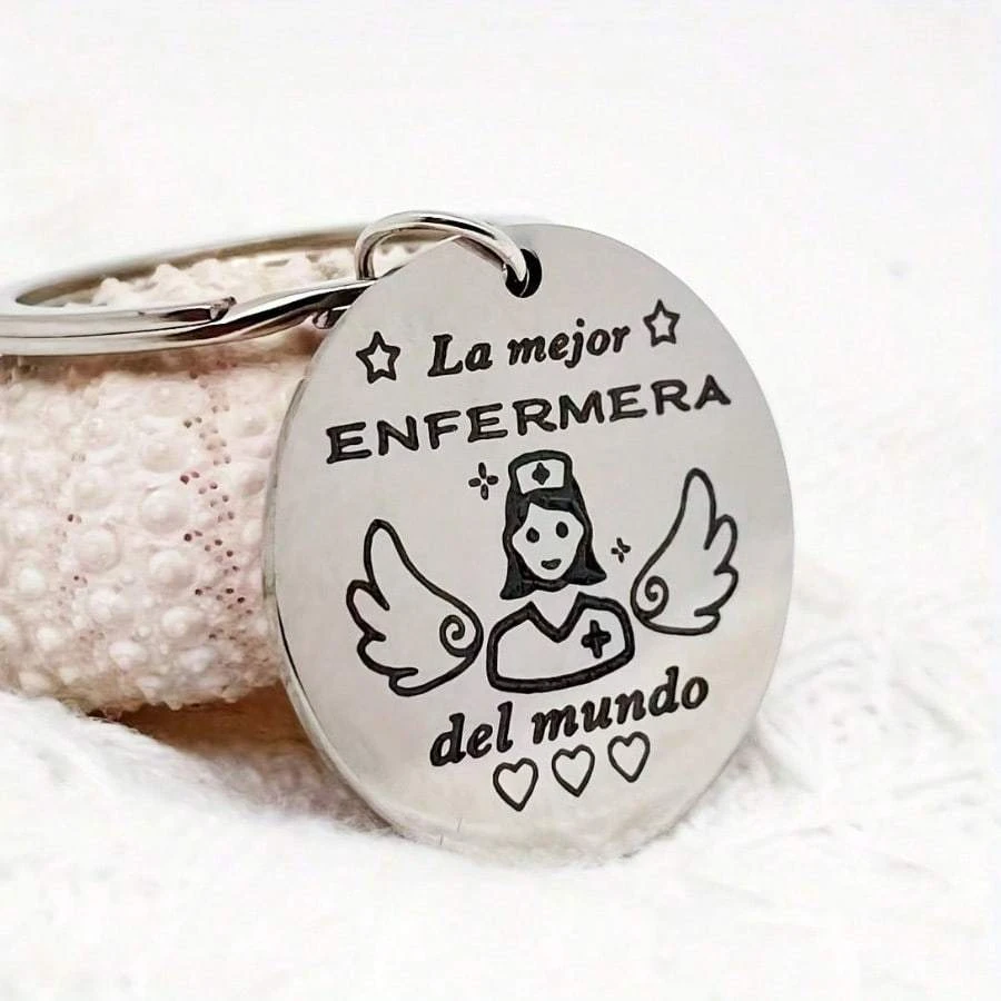 Stainless Steel Nurse Keychain, Angel Design with Spanish "The Best NURSE in The World" Engraving, Ideal Gift for Nurses view 4