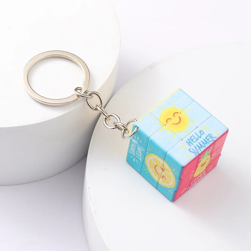 Cute Small Rubik Cube Keychains Lovely Smile Fruit Toys Key Rings For Childern Boys Girls Birthday Gift Handmade DIY Jewelry