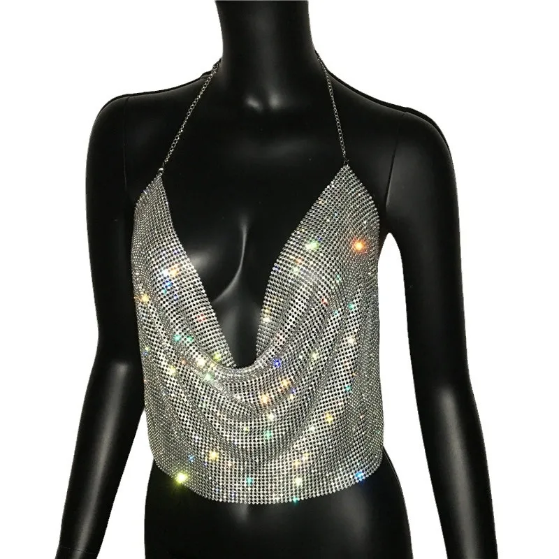 

Women's Sexy Par Outfit Metal Sequin Strapl Ultra-Thin Ro New Cross-Border Item Diamond-Encrusted Bustier Top