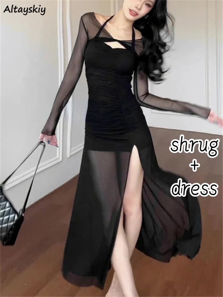 Komplety sukienek damskich letnie Halter Slim estetyczne fałdy Midi Vestidos Fairycore Chic krem ​​do opalania przycięte wzruszenie ramion słodki gotycki seksowny OOTD