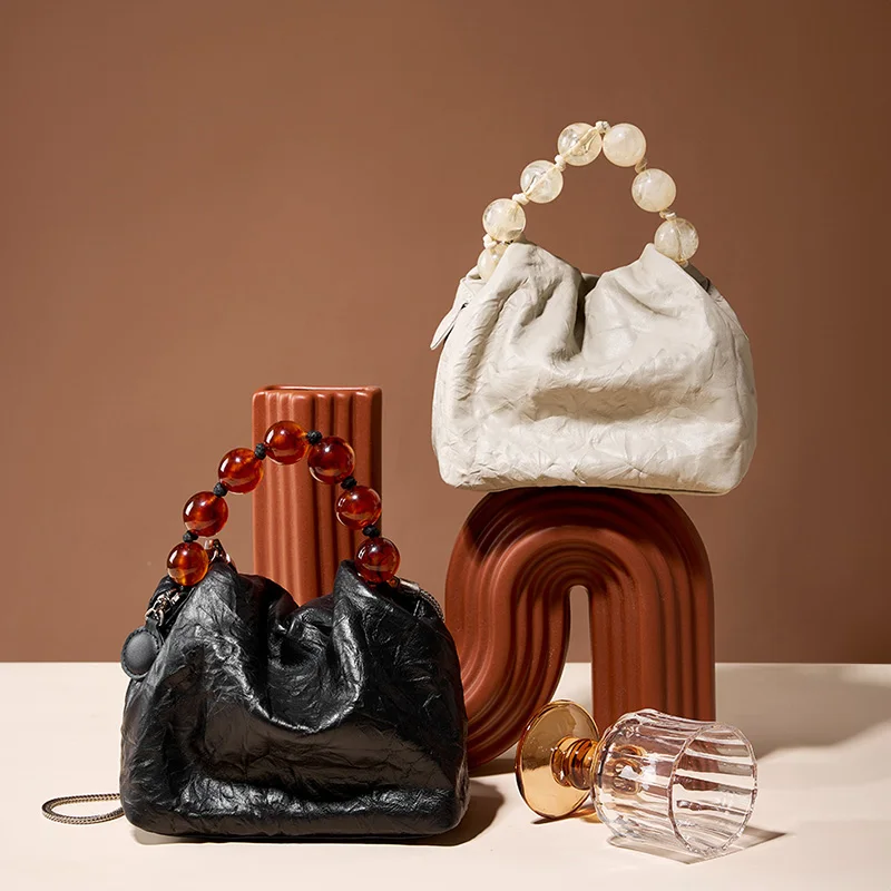 New Chinese Style Beaded Box Bag Hand-Grained Top Grain Cowhide Niche Designer Women Crossbody & Handbag for Daily Use New