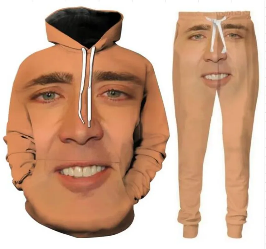 

Новые мужские/женские модные спортивные костюмы с забавным 3D принтом Face of Nicolas Cage, толстовка с круглым вырезом, брюки для бега + толстовки