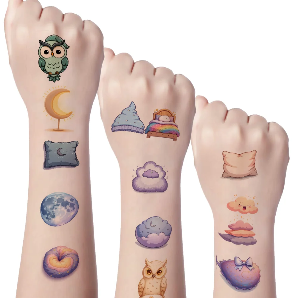 54 قطعة الوشم المؤقت القمر الكرتون تيدي بير البومة مقاوم للماء طويلة الأمد ملصقات الجسم على مدار الساعة للأطفال الأولاد الكتفين