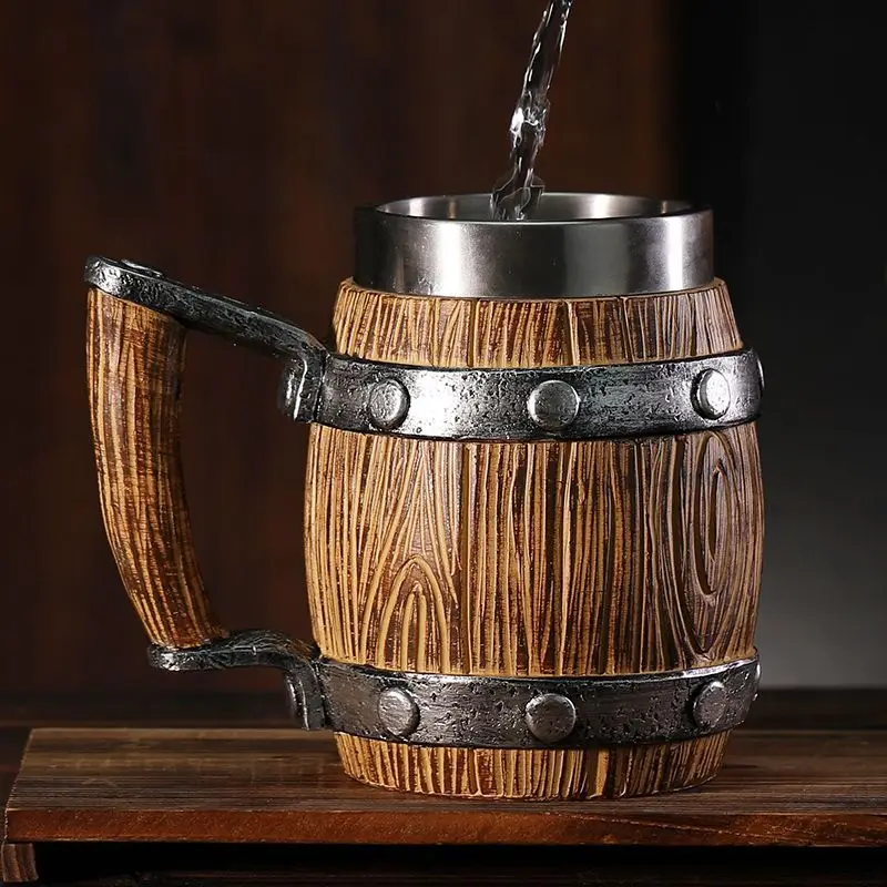 

Wood Grain Beer Glass Resin Stainless Steel Mug Imitation Barrel Beer Steins Tankard Coffee Cup Tea Tumbler Bar Tavern Drinkware