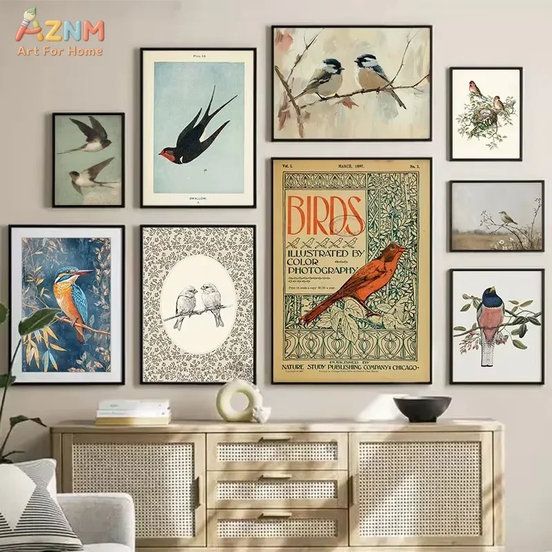 AZNM Vintage Bird Canvas Wall Art Swallow Kingfisher Nature Illustration Print Poster Retro Botanical Home Decor Unframed Painti