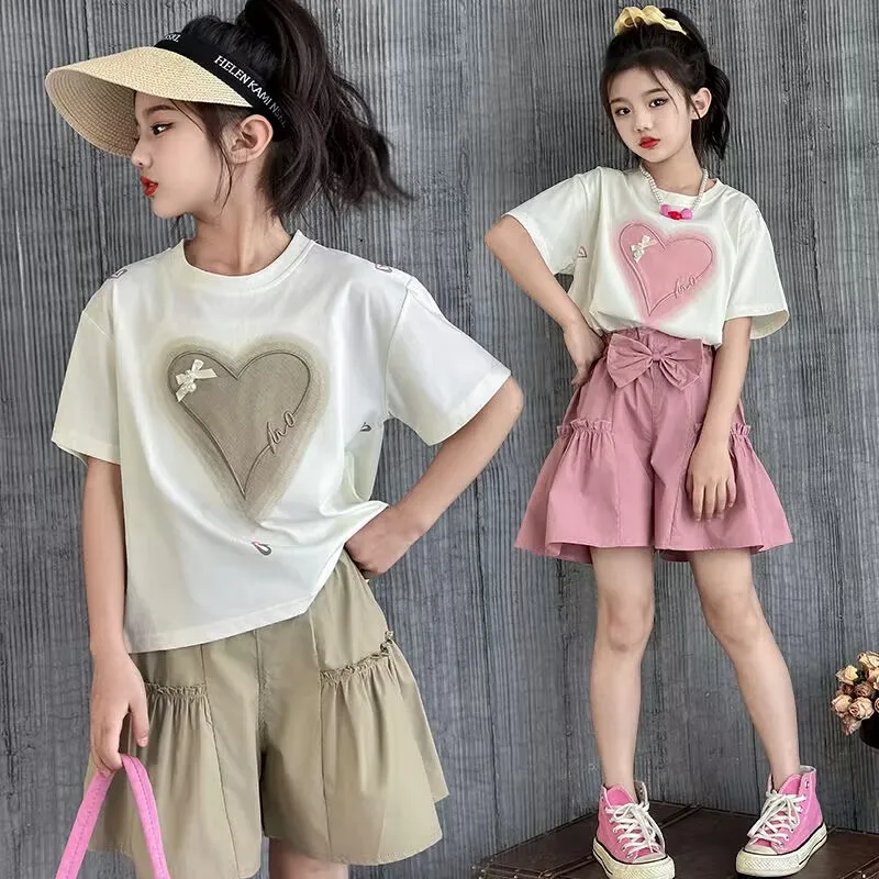 

New Baby Girls Summer Fashion Teenage Sets, T-shirt + Shorts Princess Causal Suits 5-12T