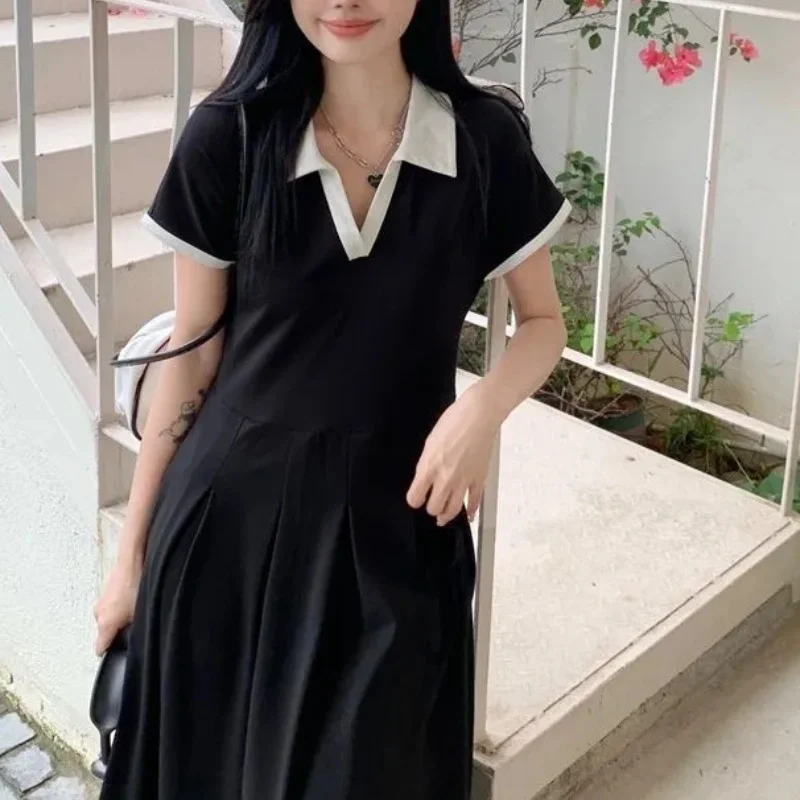 Casual Matching Dress Vintage Hepburn Dress Plus Size Office Lady's Elegant Black Dress Short Sleeve Loose Pleated Midi Dress