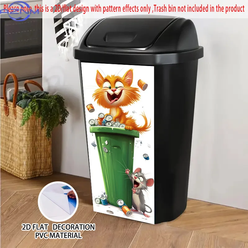 1pc 2D/FLAT Self-Adhesive Dustbin Stickers, .01×81.99cm, Cat and Mouse by Trash Can Pattern, Creative Dustbin Stickers, Suitab