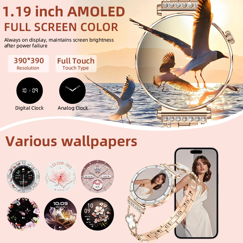 2025 New Fashion Smart Watch Women AMOLED Screen Bluetooth Call Watches Custom Dials Female Health Music Sport Ladies Smartwatch