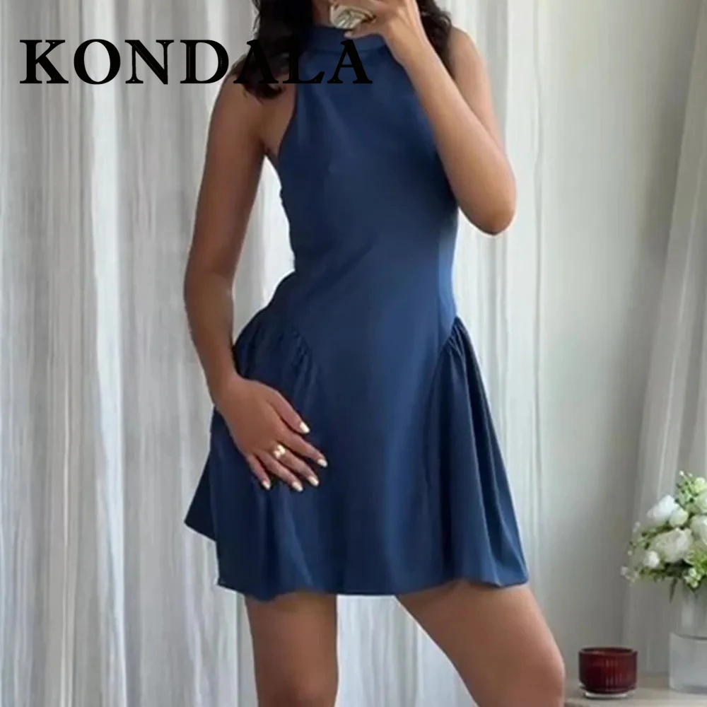 

KONDALA шикарное современное элегантное женское платье плиссированное синее платье без рукавов с воротником мода 2025 вечерние элегантные мини-платья