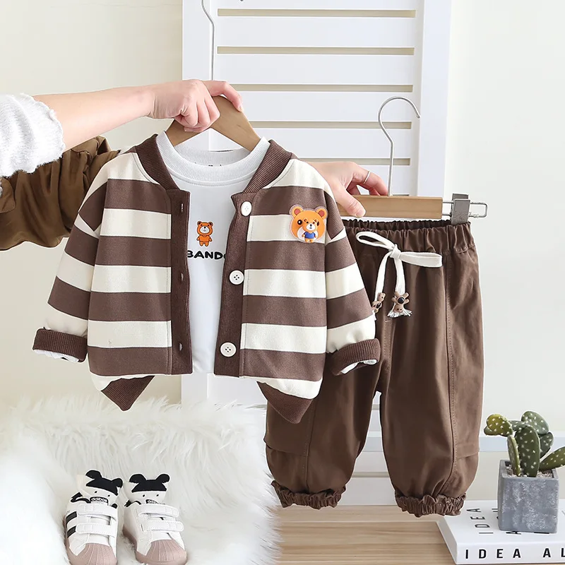 Boys Casual Suit 2025 New Spring Autumn Baby Boy Striped Bear Head Long Sleeve Jacket  + White T-shirt  + Pants Three Piece Set