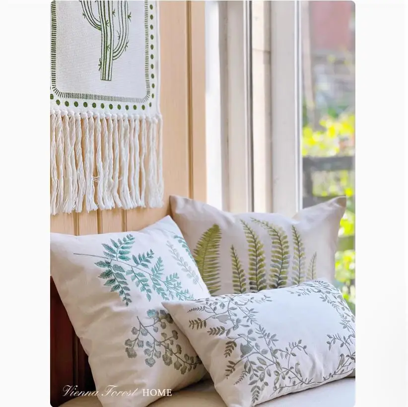 French style countryside natural cotton and linen embroidery | Homestay style | Green plant fern grass cushion and pillowcase