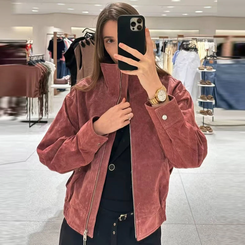 HXAO Damen-Bomberjacke aus Kunstwildleder in Burgunderrot, Herbst, lässig, Oversized, mit Reißverschluss, Stehkragen, langärmelig, schicke Oberbekleidung – Detail 8